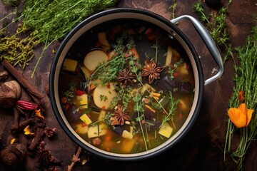 Poster - top view of a dutch oven stew with herbs, created with generative ai