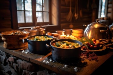 Sticker - serving dutch oven stew in a cozy cabin, created with generative ai