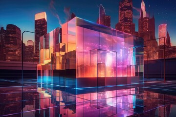 Canvas Print - futuristic cityscape with holographic building projections, created with generative ai