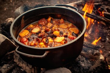 Sticker - open dutch oven revealing hearty stew inside, created with generative ai