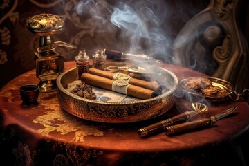 Poster - fine cigar in ashtray, surrounded by smoke, created with generative ai