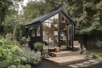 Sticker - a tiny home nestled in a peaceful garden, created with generative ai