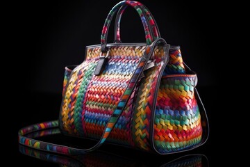 Sticker - stylish handbag in vibrant rainbow of colors, against black background, created with generative ai