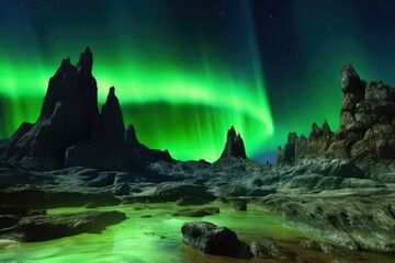 Canvas Print - vivid green aurora over mars rocky landscape, created with generative ai