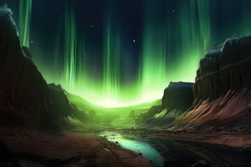 Wall Mural - a rare aurora event over the valles marineris canyon on mars, created with generative ai