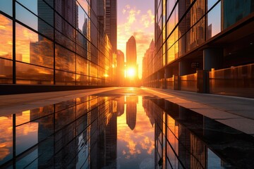 Poster - sunrise reflecting off glass skyscrapers in city, created with generative ai