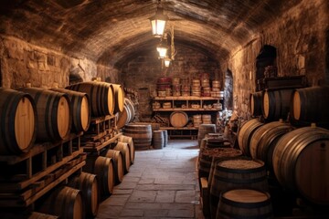 Wall Mural - barrels stacked in rustic wine cellar, created with generative ai