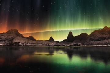 Wall Mural - aurora reflecting on liquid methane lakes of titan, created with generative ai
