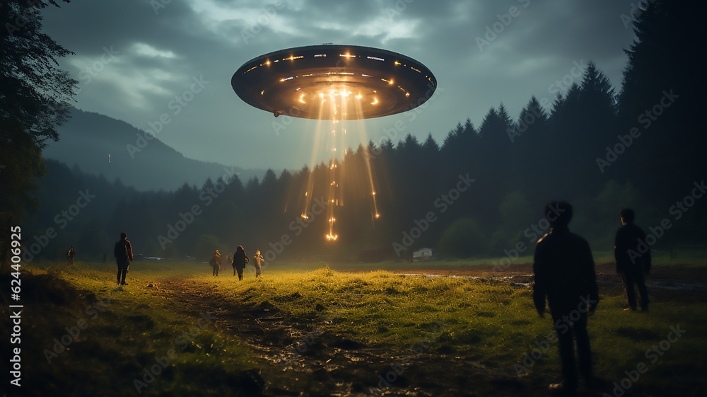 crowded meadow back view of people watch UFO aliens invasion landing ...