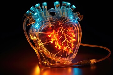 Poster - artificial bionic heart with glowing led lights, created with generative ai