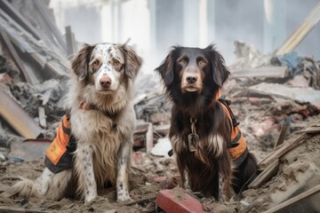 Wall Mural - search and rescue dogs sniffing through rubble, created with generative ai