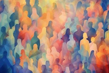 Wall Mural - Abstract group of crowded colorful people illustration. Mob of people. Pulse of the Crowd. Confusion of people. Multiple colored. Generative AI