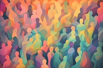 Abstract group of crowded colorful people illustration. Mob of people. Pulse of the Crowd. Confusion of people. Multiple colored. Generative AI