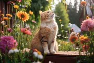 Canvas Print - cat stretching near blooming flowers in morning garden, created with generative ai