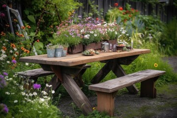 Poster - rustic picnic table surrounded by blooming flowers, ideal for a romantic evening, created with generative ai