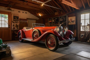 Poster - vintage car restored in a home garage, created with generative ai