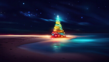 Wall Mural - christmas tree on the beach with copy space