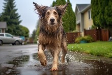Wet Dog Shaking Off Water After Playing In The Rain, Created With Generative Ai