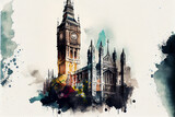 Fototapeta Londyn - Landmarks of London, watercolor illustration on white paper.