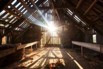  sunlight shining through gaps in the restored barn roof, created with generative ai
