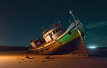 Old Shipwreck On The Beach At Night Created With Generative AI Technology