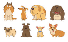Set Of Funny Cartoon Big And Small Dogs In Flat Style.