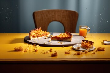 Poster - pizza with a missing slice, crumbs on table, created with generative ai