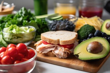 Wall Mural - close-up of deconstructed sandwich ingredients, including fresh produce, meat, and condiments, created with generative ai