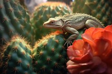 Lizard Shedding Skin Near Cactus Plant, Created With Generative Ai