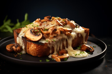 Mushroom and cheese toasted bread, dark background.ai generative