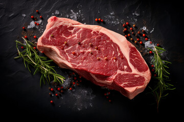 T-bone steak from raw beef. Fine and organic meat products. Still life of a raw thick rib on a black background from above.ai generative