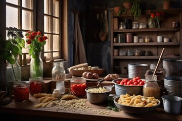 Wall Mural - rustic kitchen setting with pasta-making ingredients, created with generative ai