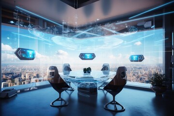 Wall Mural - virtual meeting room, with view of futuristic cityscape, and flying cars in the sky, created with generative ai