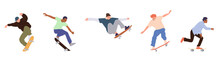 Isolated Set Of Young Teenager Skateboarders Character Performing Stunts Speed Riding On Longboard