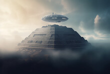 Sci-fi And Fantasy Concept. UFO And Extraterrestrial Ships Flying Over Mexico Pyramid In Jungles During Day Time. Generative AI