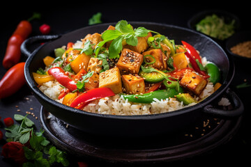 Wall Mural - Homemade Stir Fry Tofu with Vegetables and Rice in black bowl.ai generative