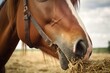 close-up of horse teeth munching on hay, created with generative ai