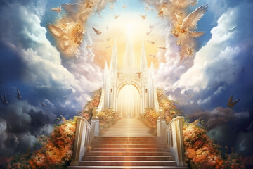 Wall Mural - Culture and religion concept. Surreal illustration of path to heaven. Majestic interpretation on heaven and god. Generative AI