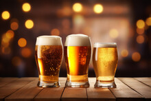 Food And Drink Concept. Set Of Drinking Glasses Filled With Various Types Of Beer And Placed And Rural Wooden Background With Copy Space. Generative AI