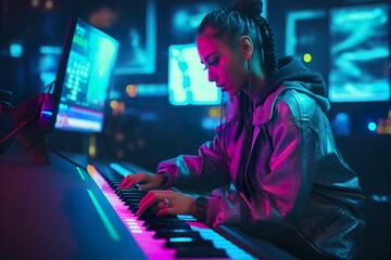 portrait of young female artist playing keyboard synthesizer, sitting in recording studio