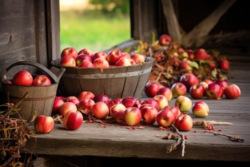 Wall Mural - organic apples scattered on rustic table, created with generative ai