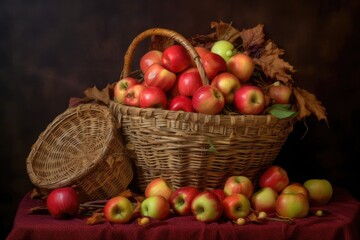 Poster - assorted apples spilling from wicker basket, created with generative ai