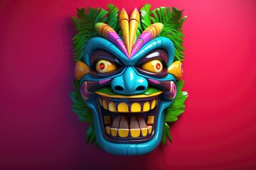 Wall Mural - Colourful tiki mask with leaves on red background, created using generative ai technology