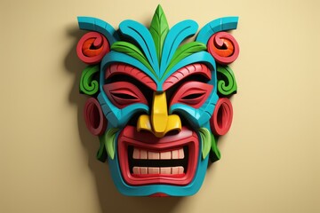 Wall Mural - Colourful tiki mask on beige background, created using generative ai technology