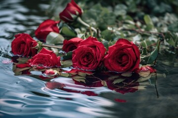 Poster - red rose bouquet floating in pool of water, created with generative ai