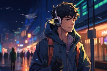 Wall Mural - Lofi anime boy wearing headphones in city, created using generative ai technology