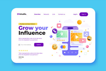 Poster - Landing page template of Social Media Management. 3D Social media platform, online social communication applications concept.  Modern 3D design concept of web page design for website. Vector