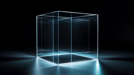 Poster - Cube glass transparent with dark background, copy space for text and illustration for product presentation and template design.