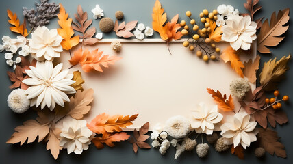 Wall Mural - Colourful and bright autumn flowers surrounding a white background with copy space for text. Created with Generative AI.