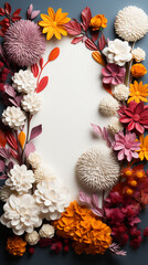 Wall Mural - Colourful and bright autumn flowers surrounding a white background with copy space for text. Created with Generative AI.